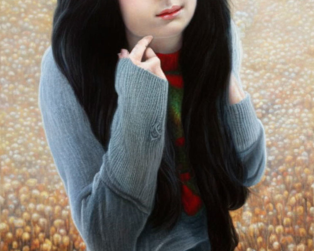 Portrait of young woman in grey sweater and red scarf in golden field