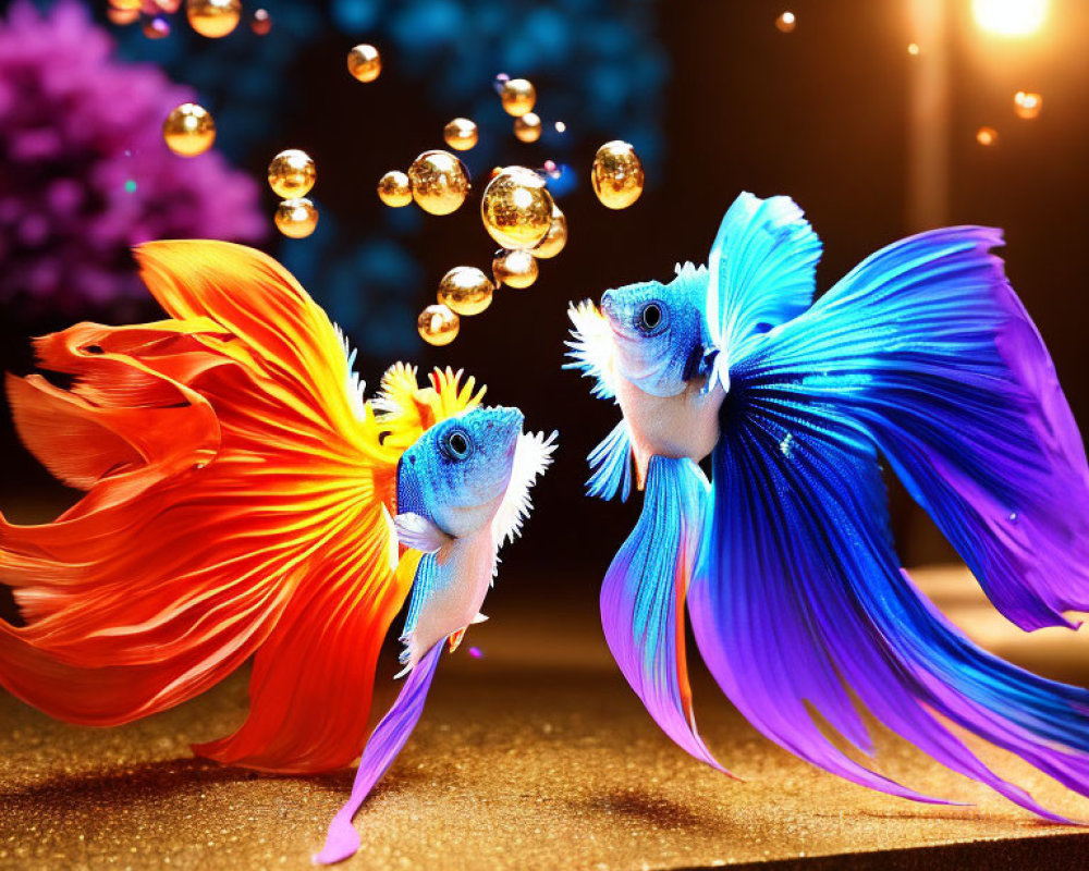 Vibrant orange and blue Betta fish with flowing fins in bokeh lights and bubbles