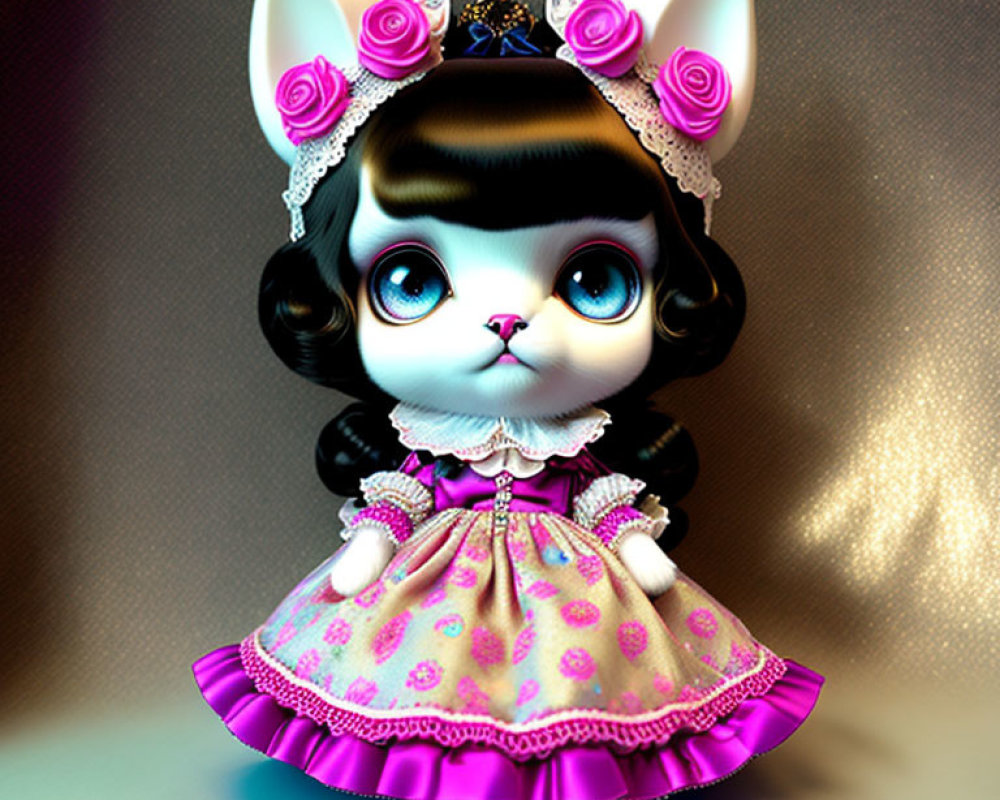 Stylized anthropomorphic kitten in frilly dress and floral headdress