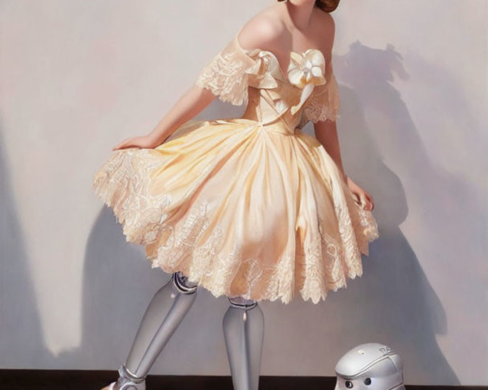 Ballerina in Cream Tutu with Robot Dog and Prosthesis