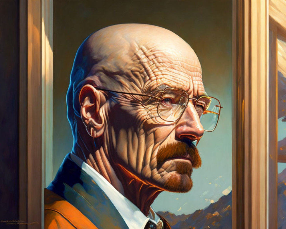 Elderly man with bald head, glasses, and goatee, looking sternly to the side