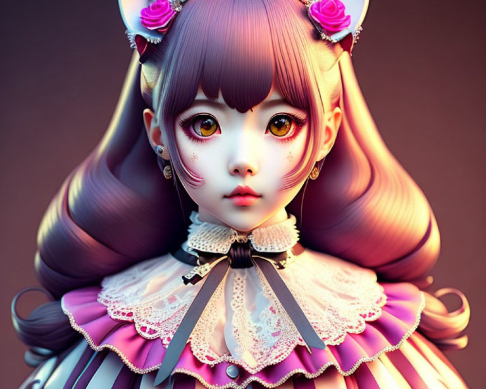 Stylized girl with large eyes and cat ears in pastel tones