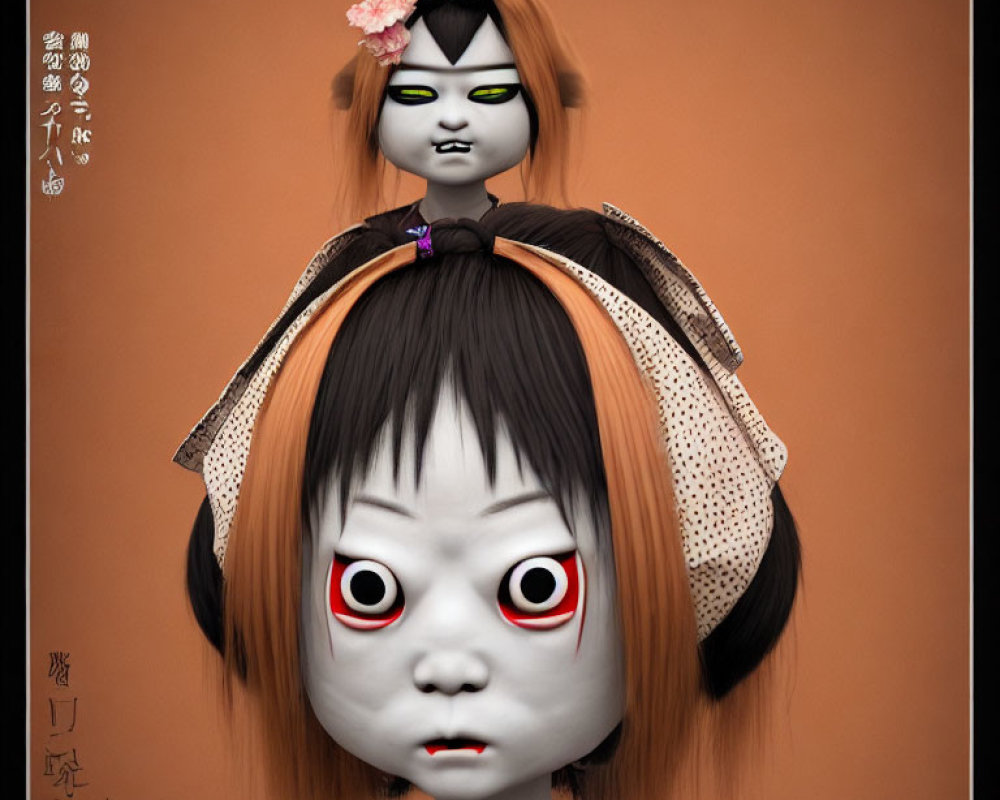 Stylized characters in traditional Japanese attire on orange background