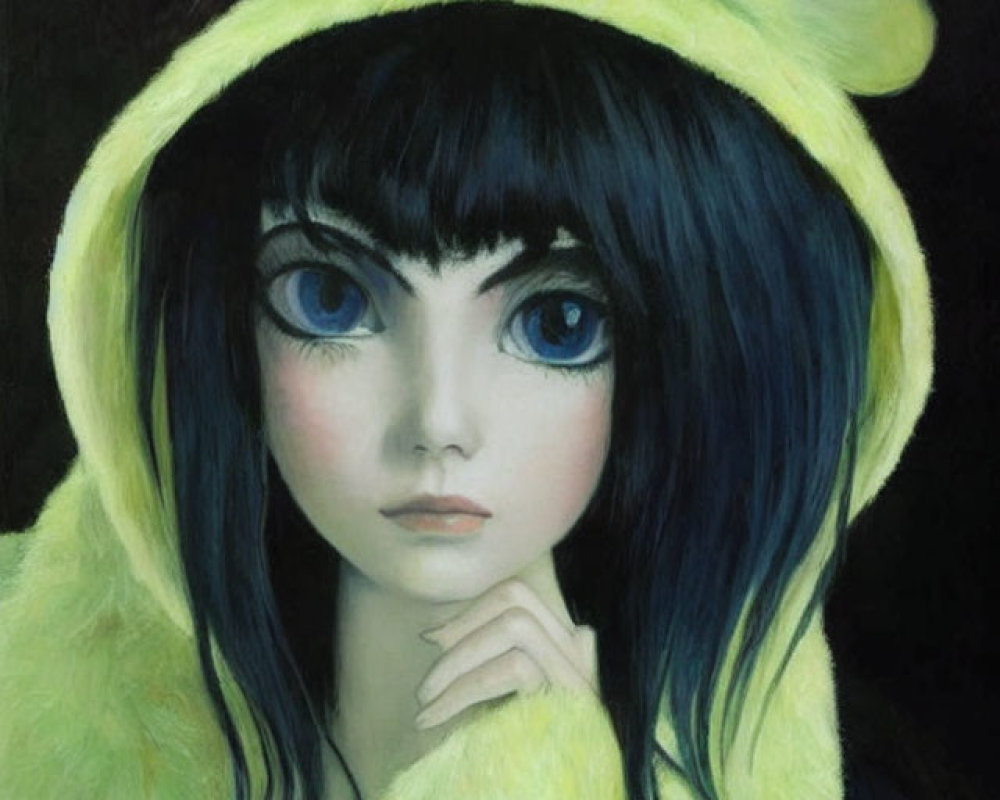 Person with blue eyes in yellow furry hood and animal ears, touching face.