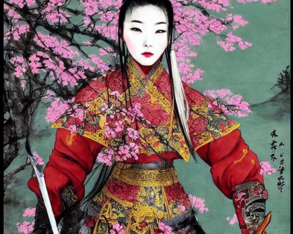 Traditional Asian painting: Woman in red and gold armor with sword under cherry blossoms