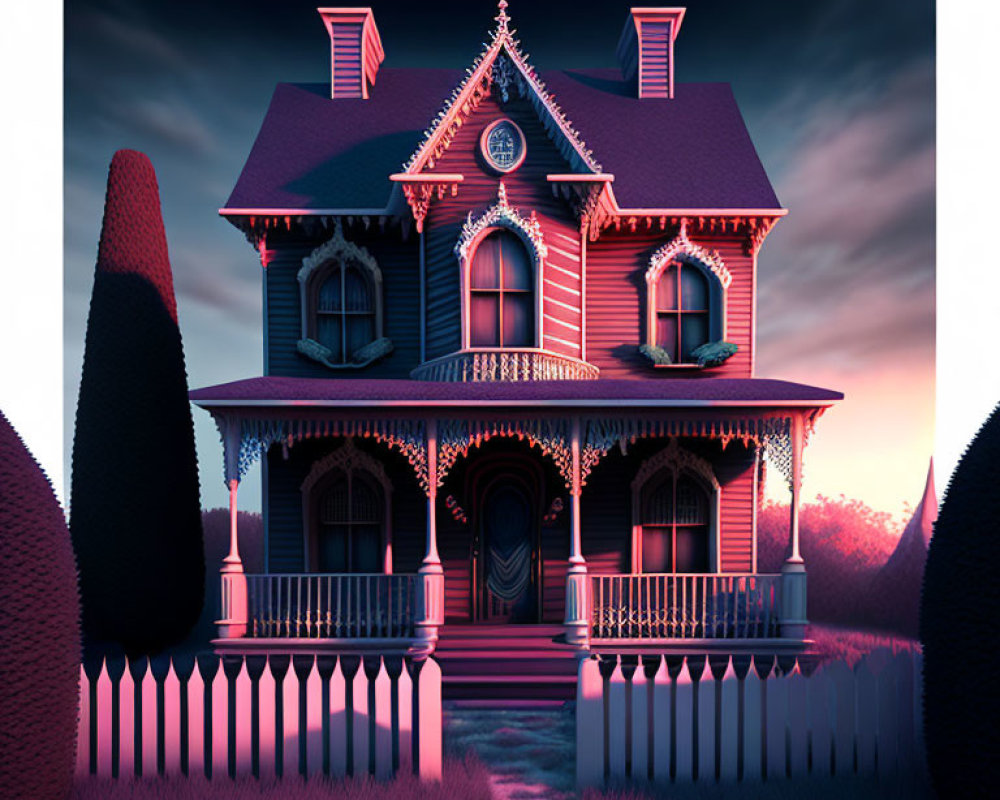 Victorian-style house in pink and blue hues with white picket fence at twilight