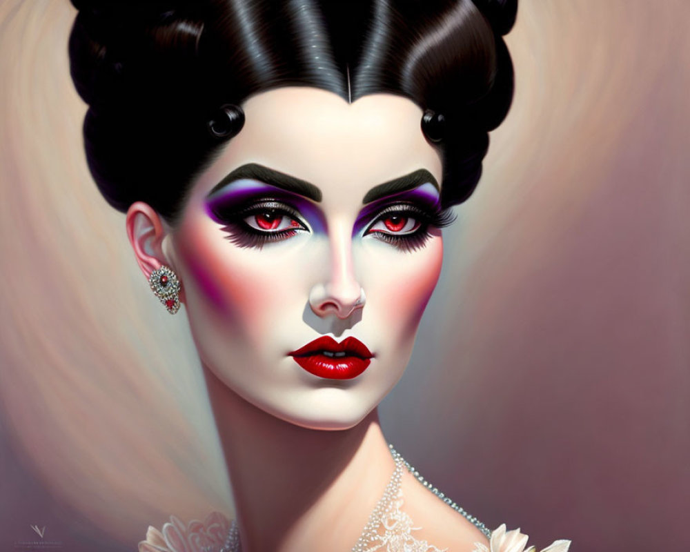 Stylized portrait of woman with dramatic makeup and pearl necklace