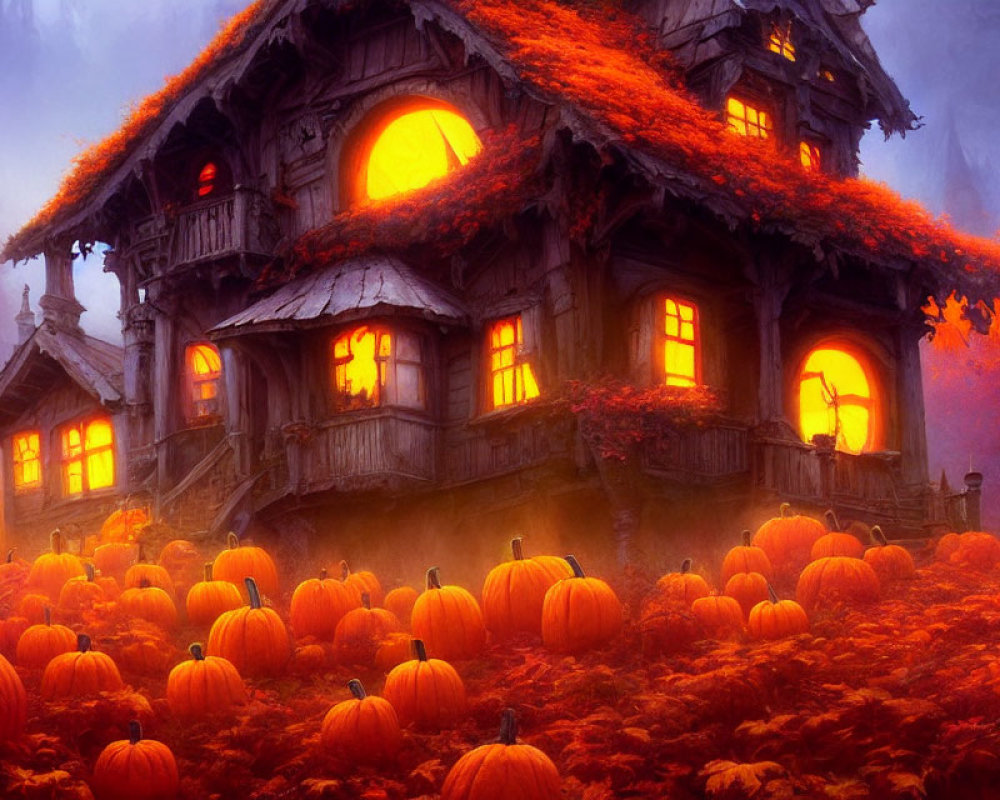 Enchanting pumpkin patch with cozy cottage in autumn dusk