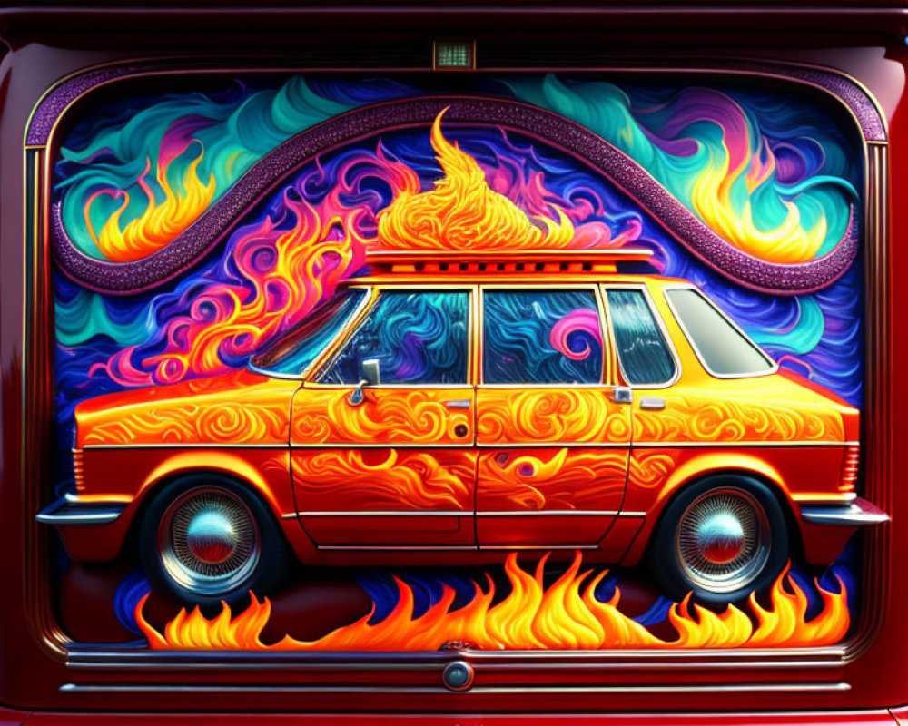 Colorful Stylized Station Wagon with Fiery Designs and Psychedelic Waves