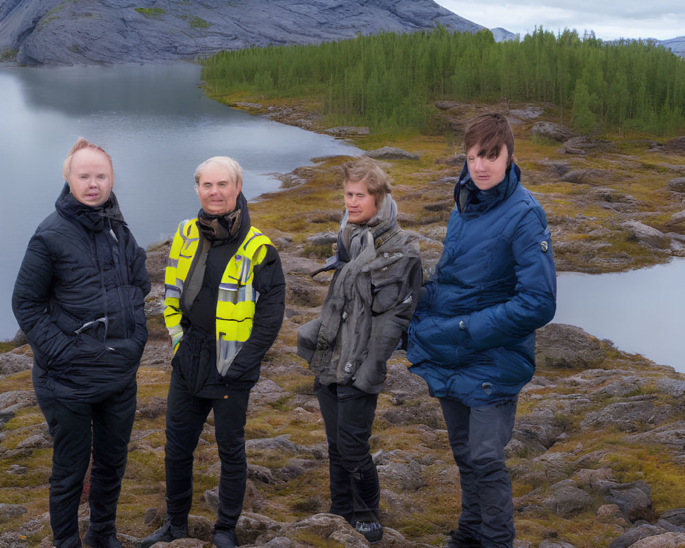 Group of four people in warm clothing on rocky terrain with lake and mountain background.