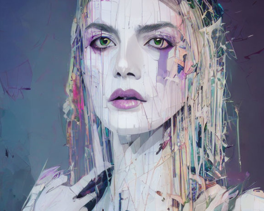 Vibrant digital portrait with abstract paint splashes on woman's hair