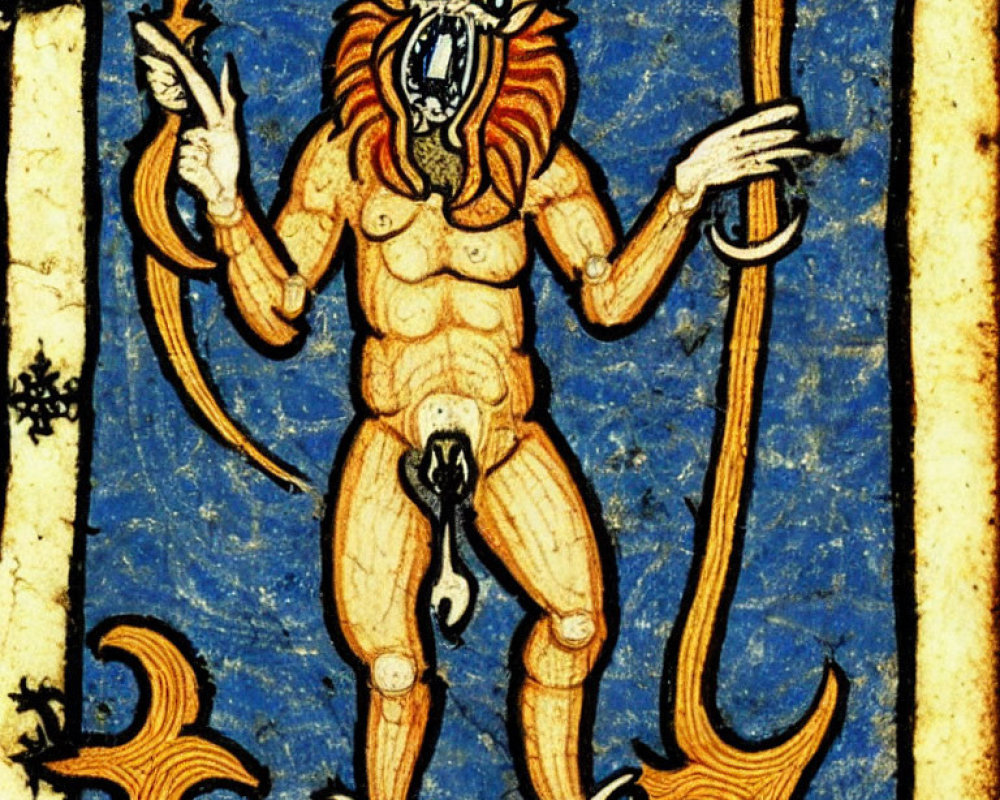 Medieval Illustration of Mythical Creature with Lion's Head and Sword