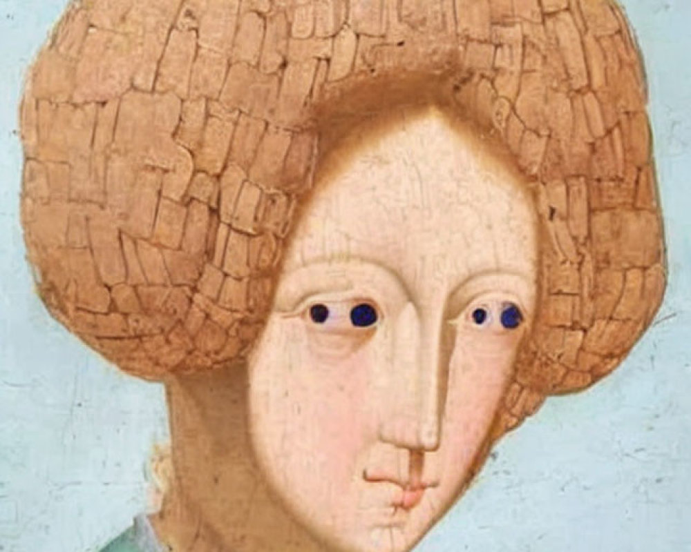 Medieval woman portrait with wimple, pale skin, and blue eyes