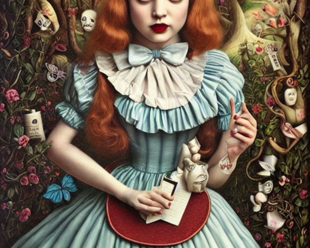 Surreal Alice in Wonderland artwork with large head, playing cards, and butterflies