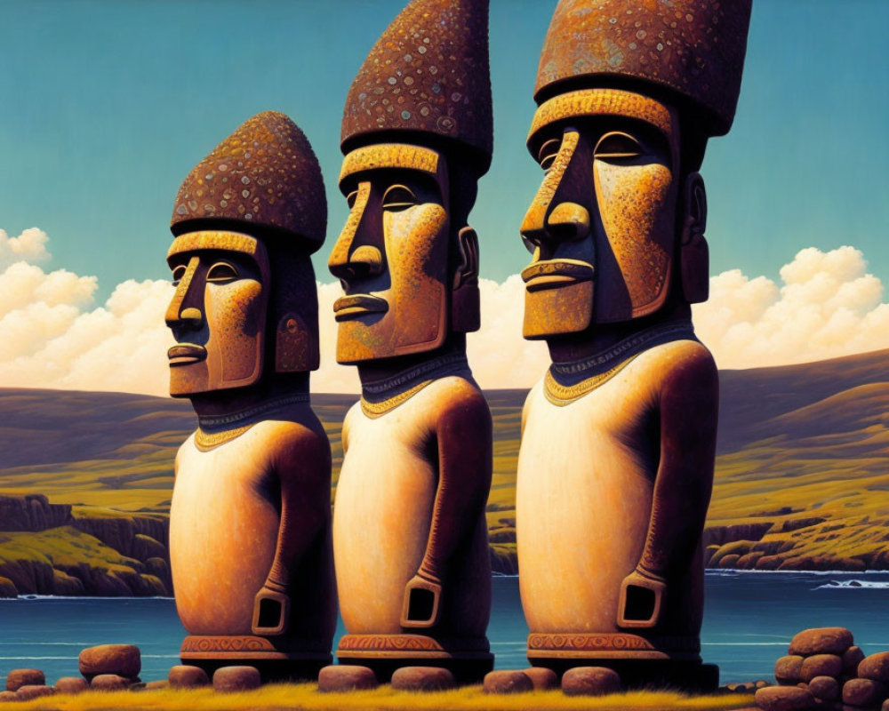 Stylized moai statues with red topknots on hills by the sea