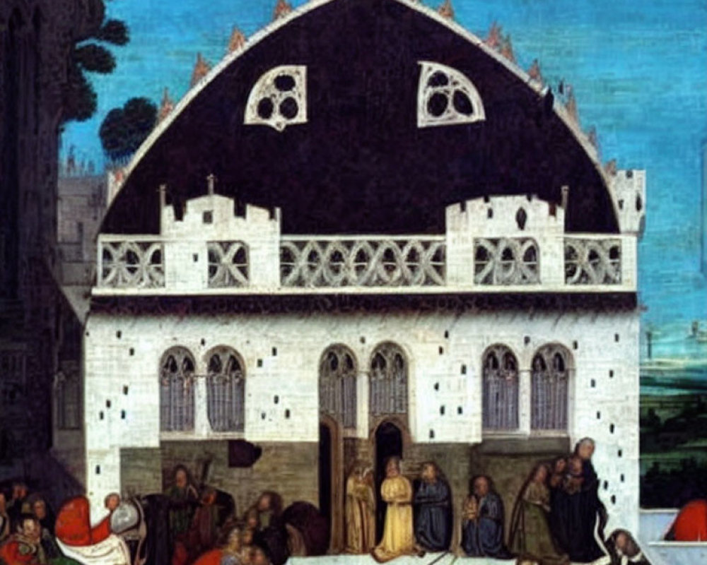 Medieval painting depicting people and Gothic building