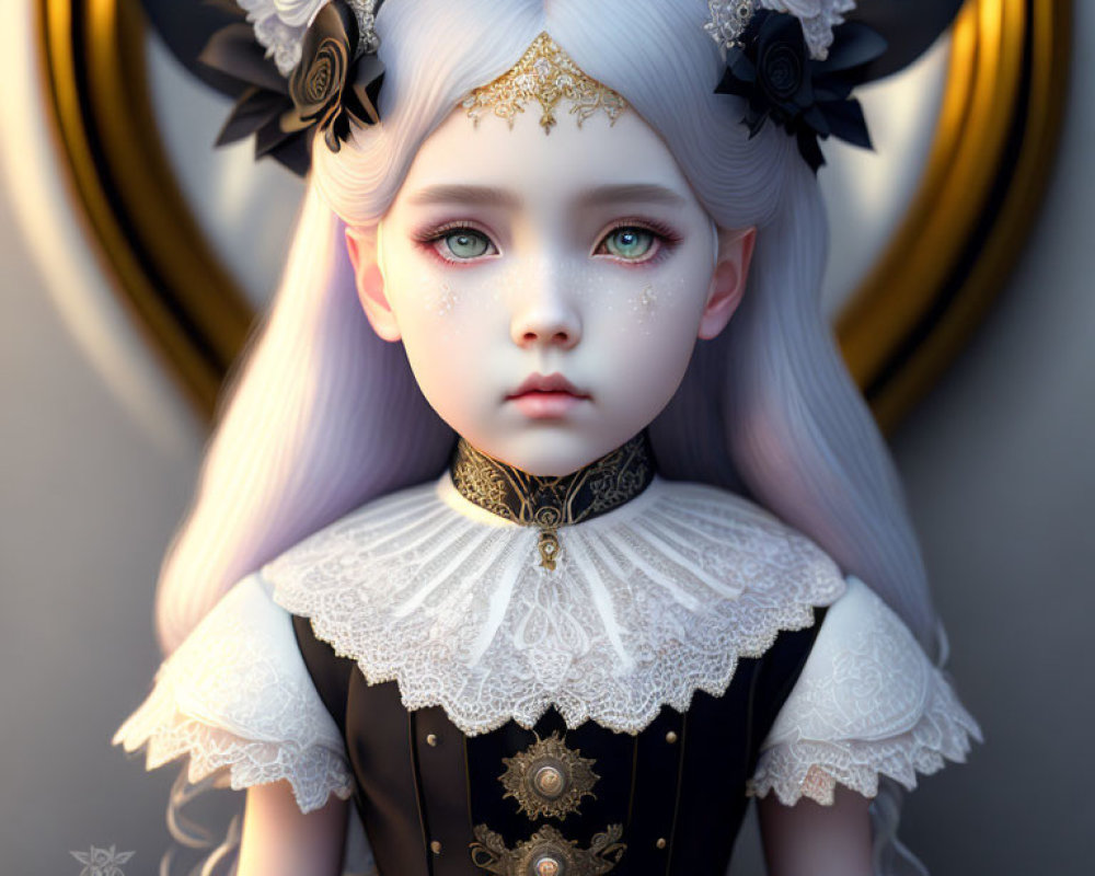 Fantasy character with pale skin, lilac hair, ornate attire, and intricate headpiece