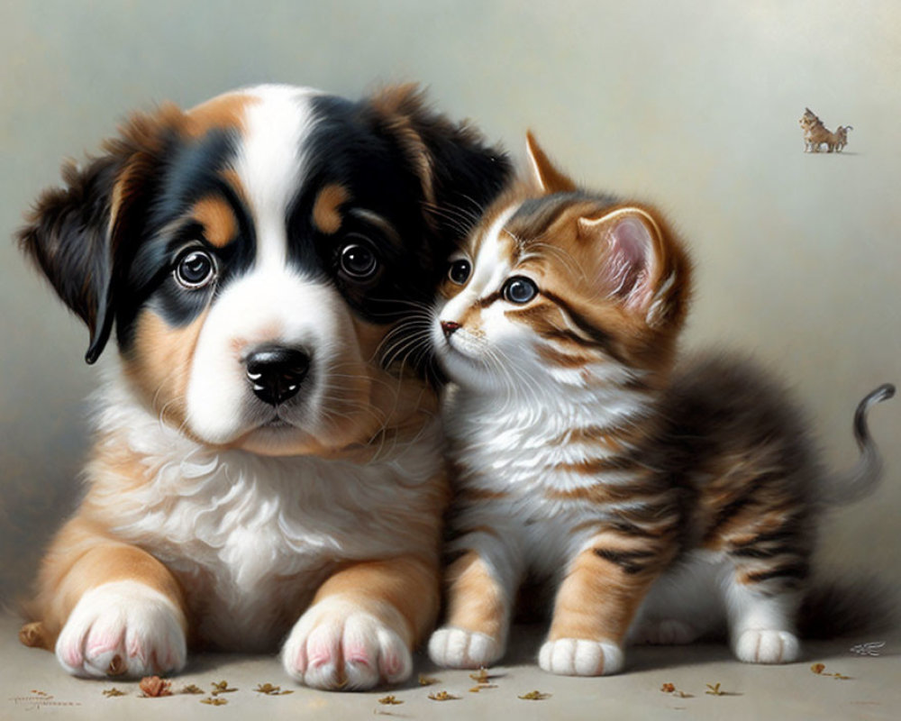 Bernese Mountain Dog Puppy, Tabby Kitten, and Miniature Horse in Peaceful Scene