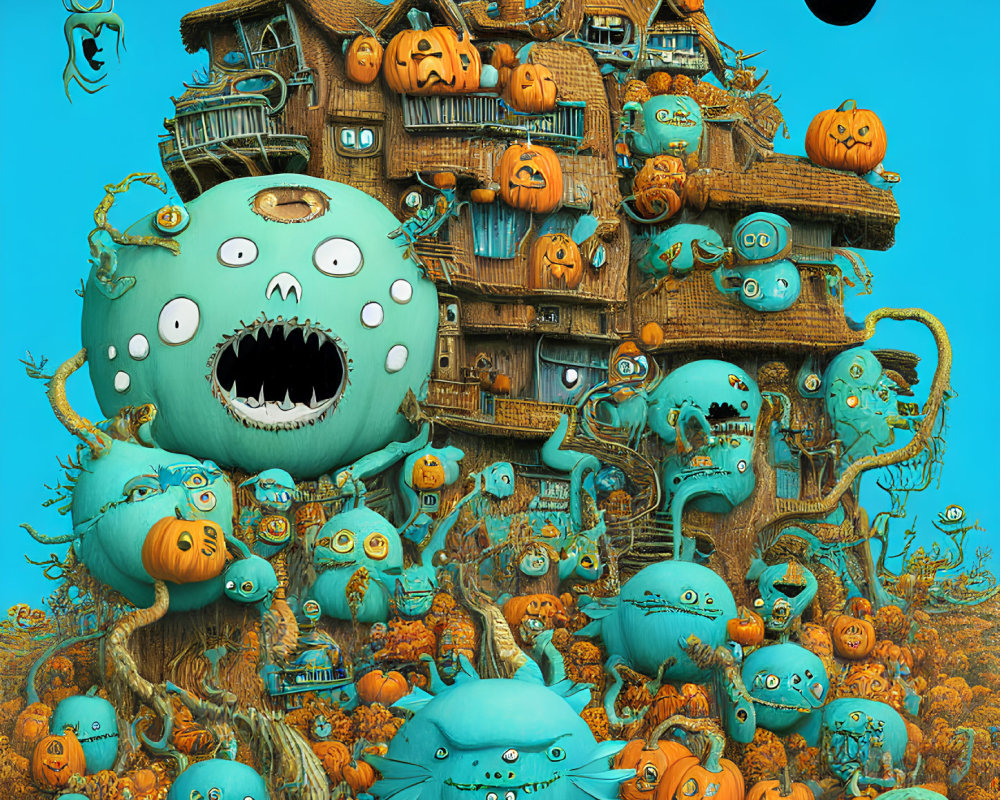 Whimsical Halloween illustration with haunted house and pumpkin creatures