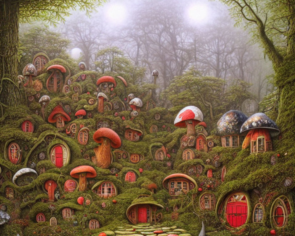 Enchanting Forest with Whimsical Mushroom Houses and Red Doors