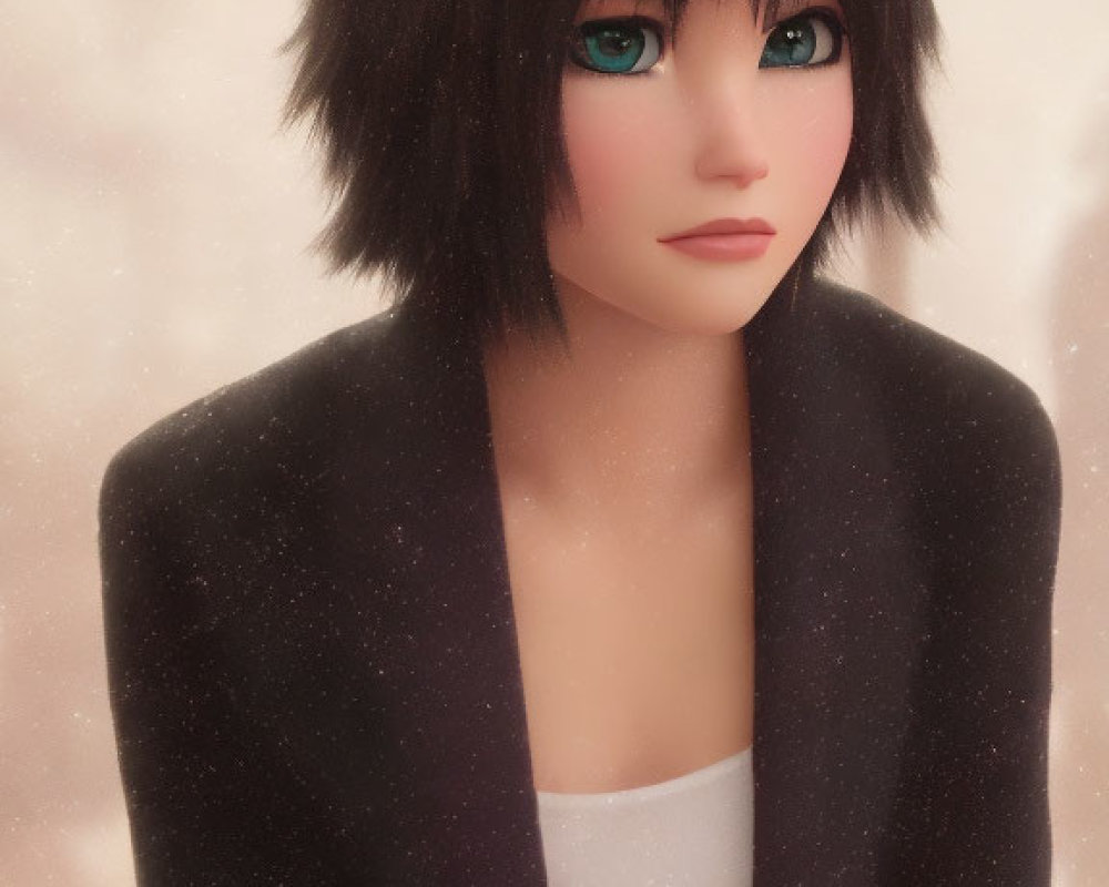 Digital artwork of female character with short black hair and green eyes in dark jacket over white top on soft