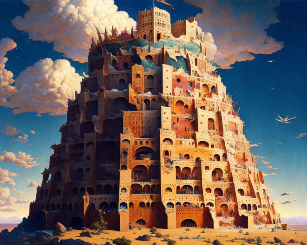 Towering desert castle with multiple levels and balconies under blue sky