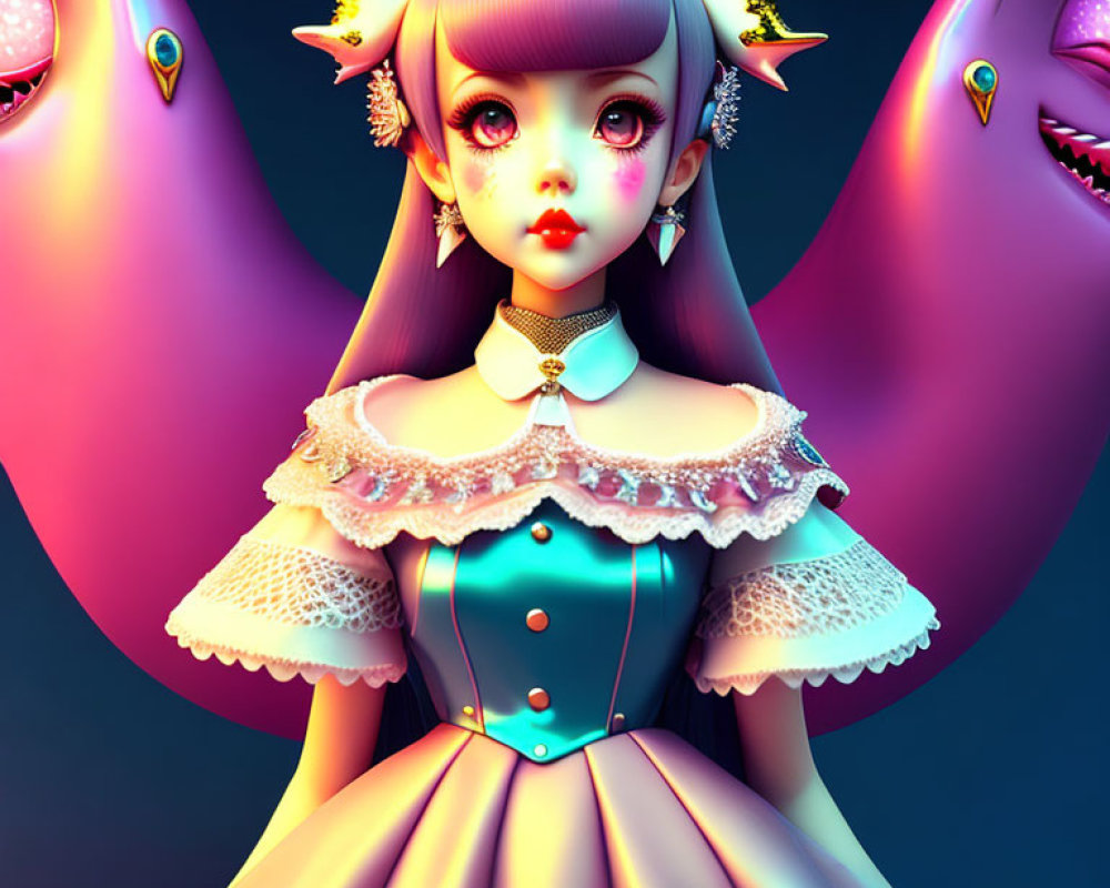 Stylized image of girl in pastel gothic dress with large eyes and horns surrounded by whims