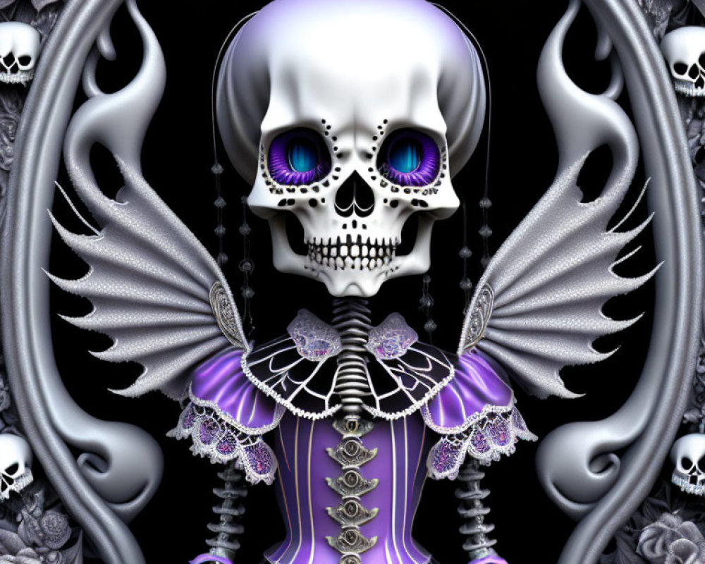 Stylized digital artwork of skeleton in purple corset dress against gothic frame