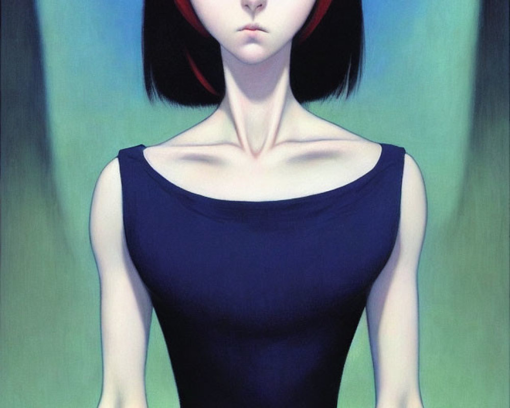 Stylized painting of woman with large blue eyes and black hair