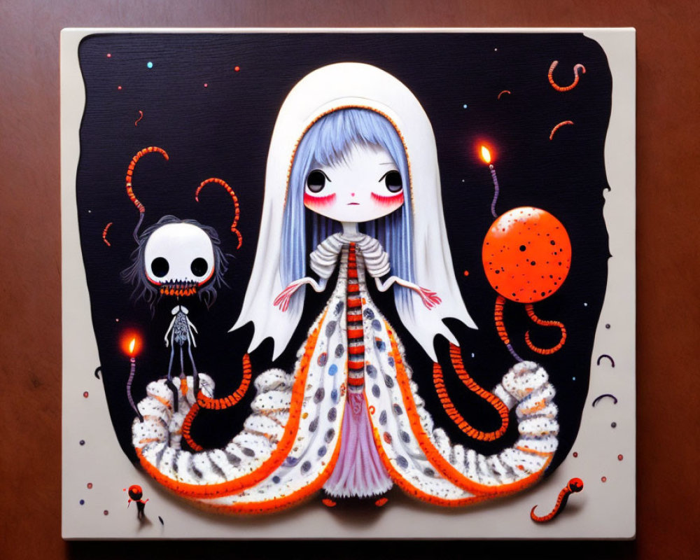 Whimsical illustration of pale girl with blue hair and floating skull creature