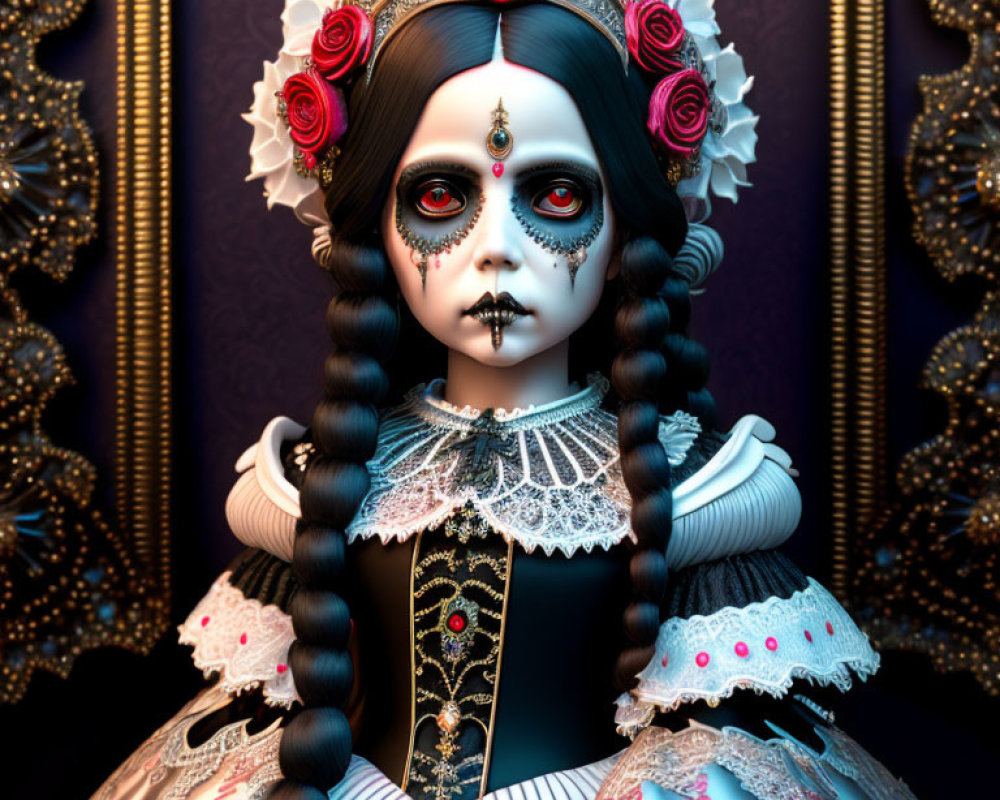 Gothic Doll with Dia de los Muertos Makeup and Victorian Dress