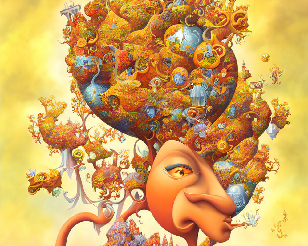 Surrealistic face with tree-like hair and fantastical creatures on a golden background