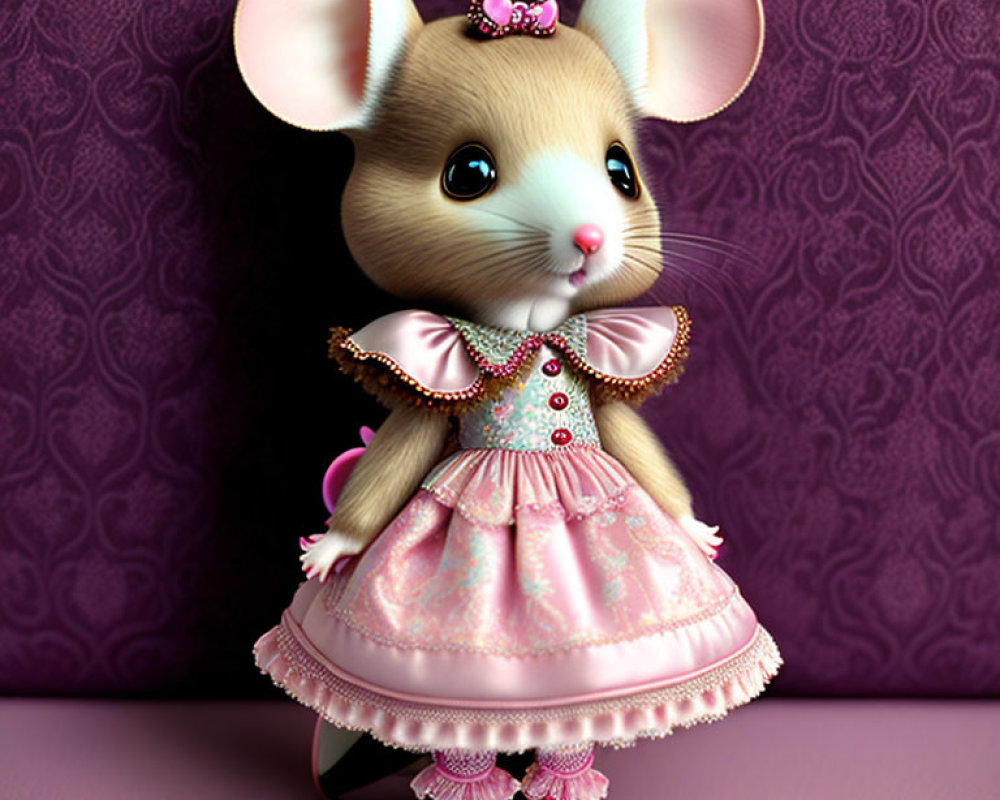 Anthropomorphic mouse in pink dress and bow on purple background