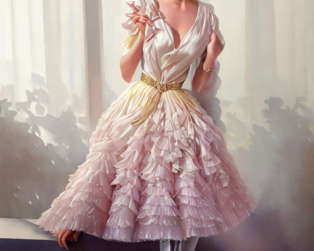 Vintage-style elegant woman in white and pink dress with prosthetic leg admiring manicure