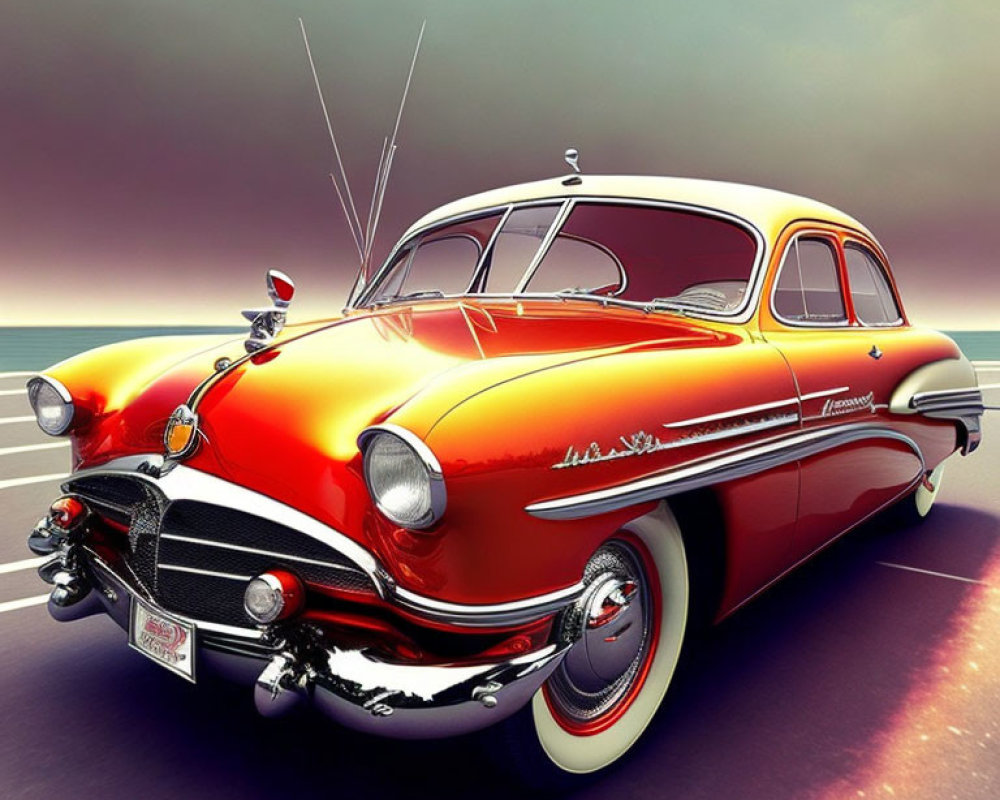 Vintage Red and Black Car with Chrome Detailing and White-Wall Tires on Open Road at Sunset