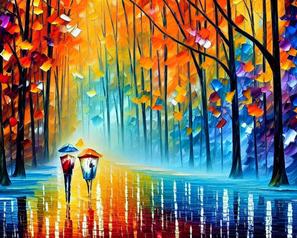 Colorful Path in Abstract Forest with Two People Holding Umbrellas