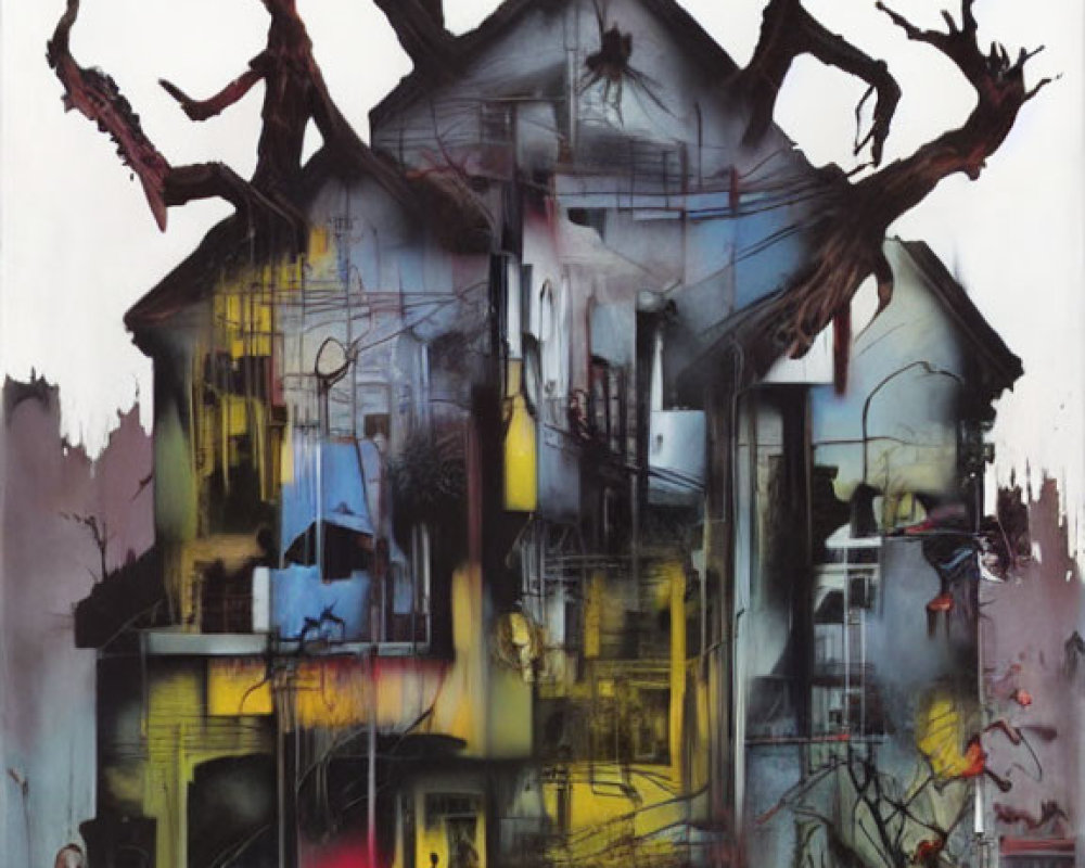 Surreal painting: Distorted building, barren trees, celestial backdrop