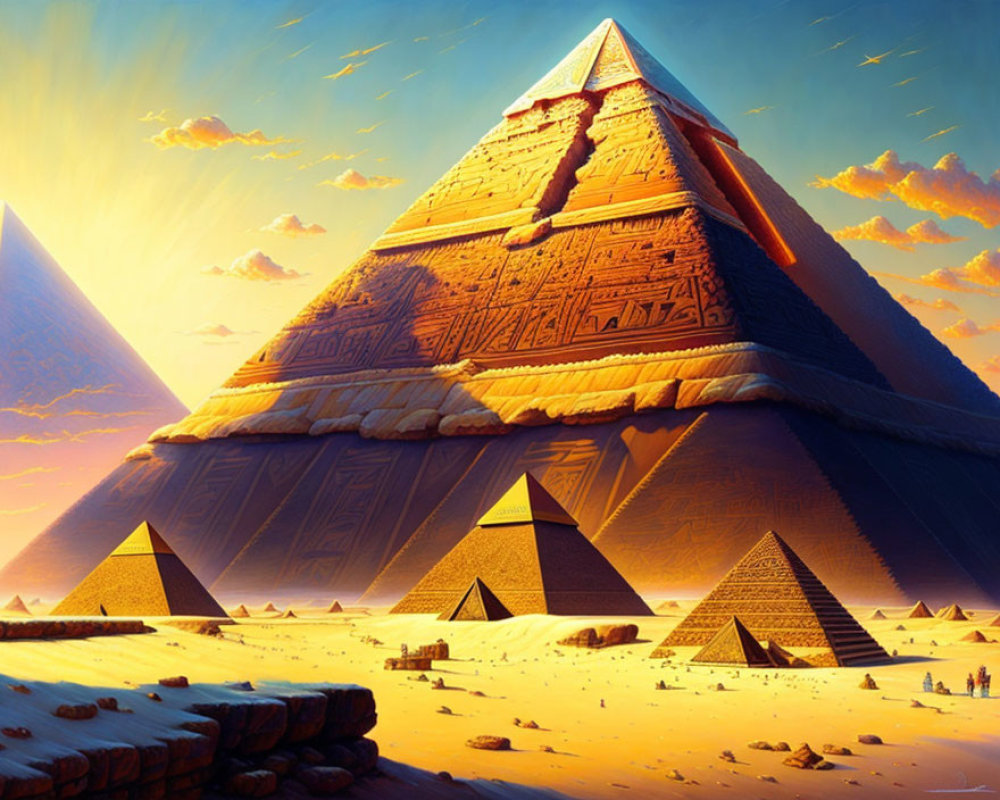 Vibrant artwork of Great Pyramids with hieroglyphs at sunset