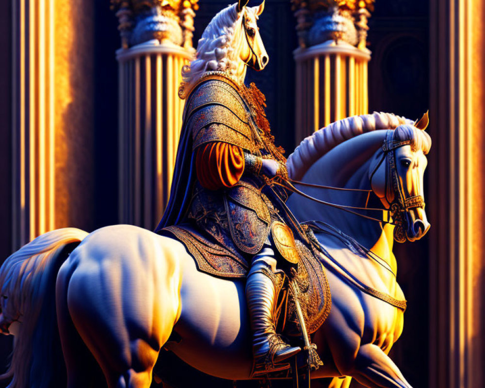 Knight in ornate armor on white horse in soft light with classical columns