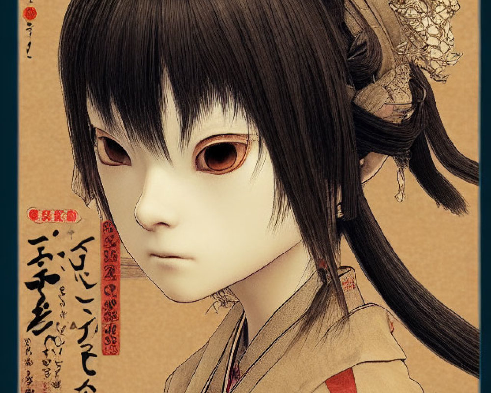 Girl with Black Hair and Red Eyes in Japanese Style Illustration