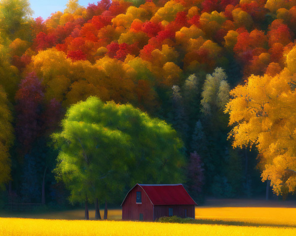 Red barn in golden field with autumn trees in vibrant colors