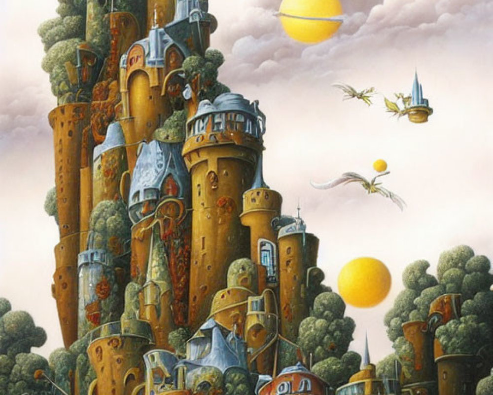 Fantastical painting featuring orange castles, flying machines, and yellow spheres in dreamy sky