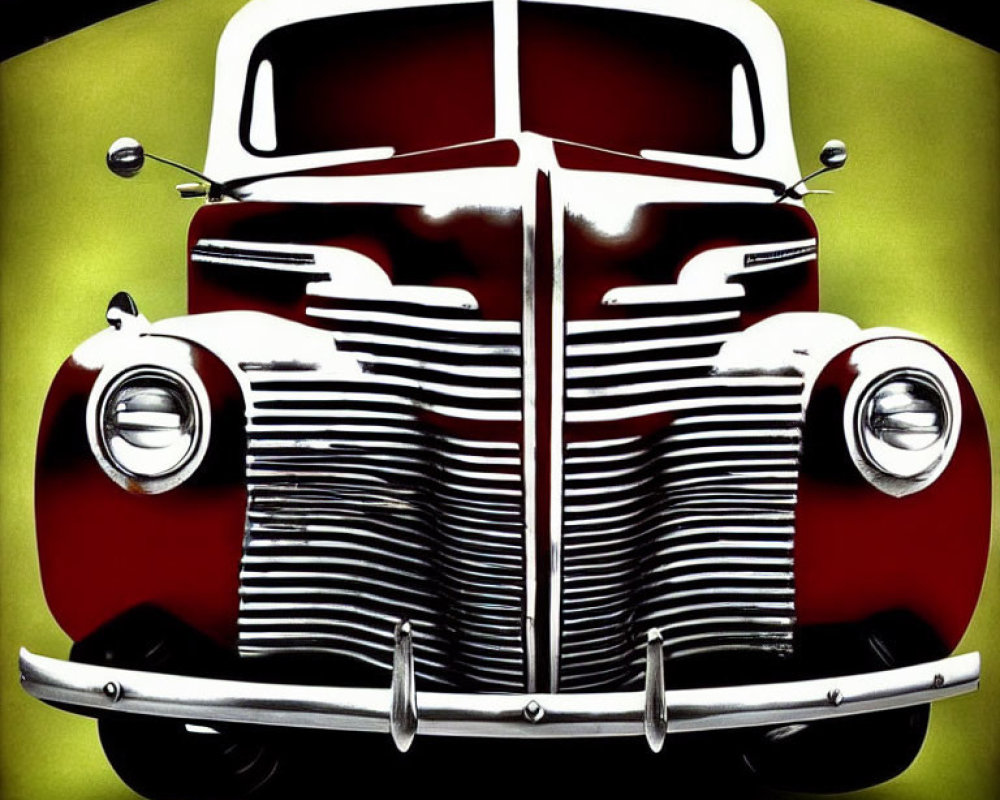 Vintage Red Truck Front View on Lime Green Background with Chrome Accents