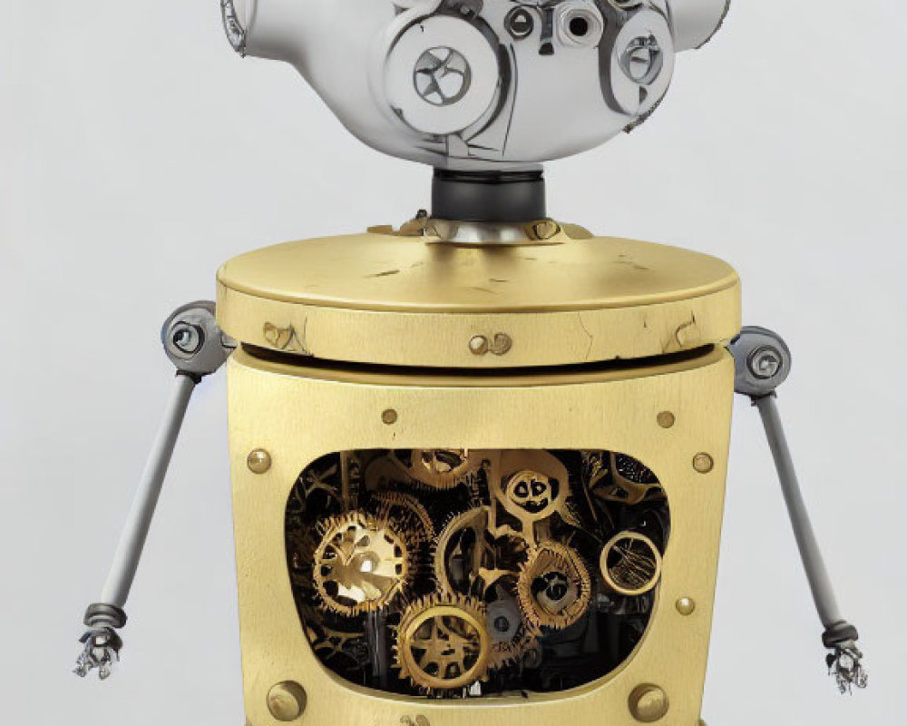 Steampunk-style robot with golden cylindrical body and silver head with circular windows