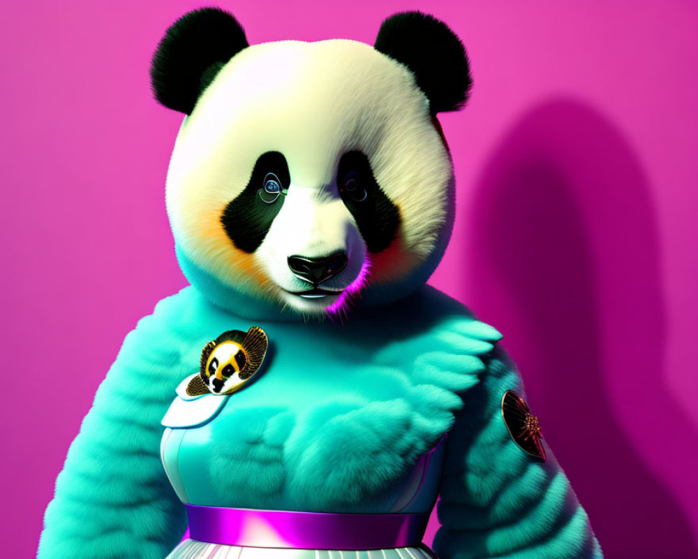 Stylized panda character with blue fur and silver belt on pink background