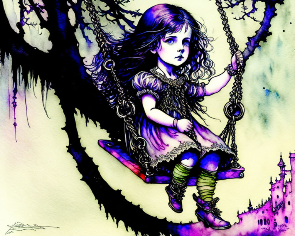 Stylized illustration of young girl on swing with expressive eyes and castle in violet background