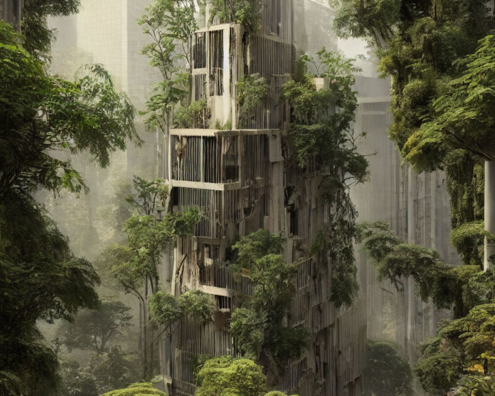 Urban building blending into forest landscape in a unique fusion.