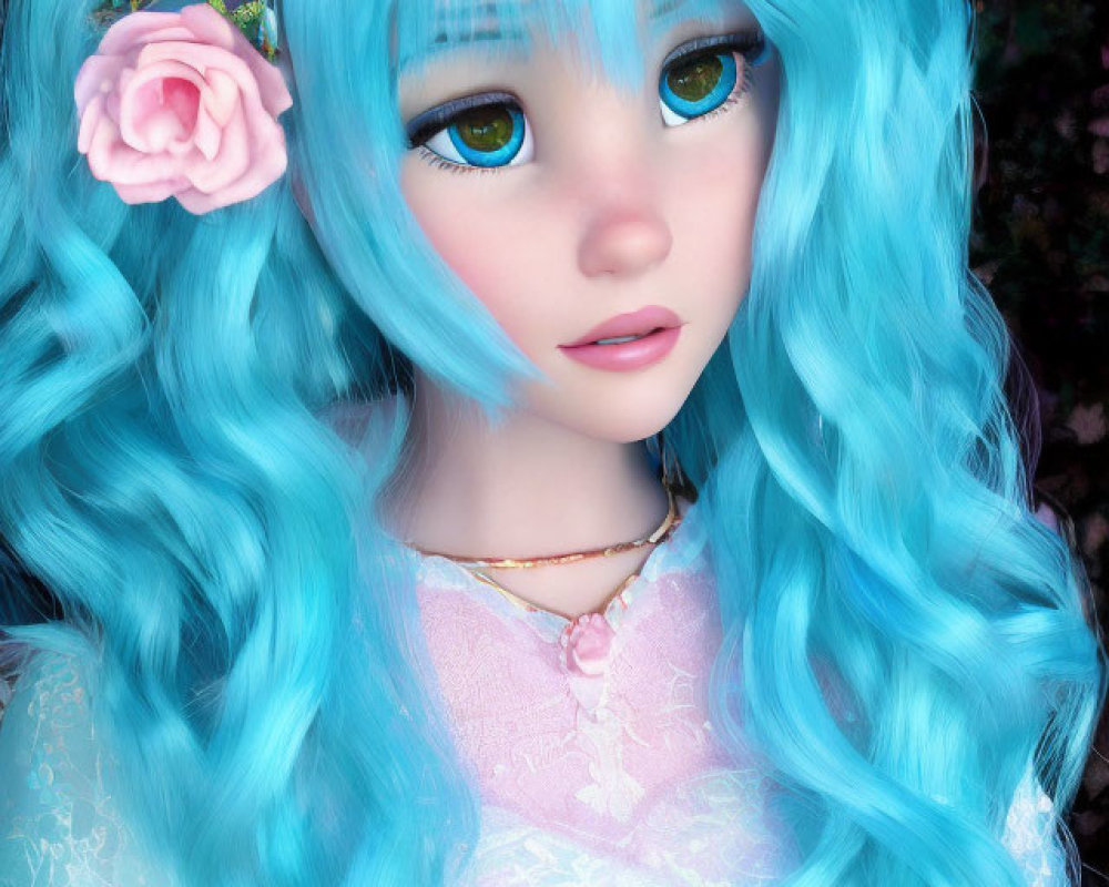 Blue-haired doll with big eyes and floral hair accessories in lace-trimmed outfit