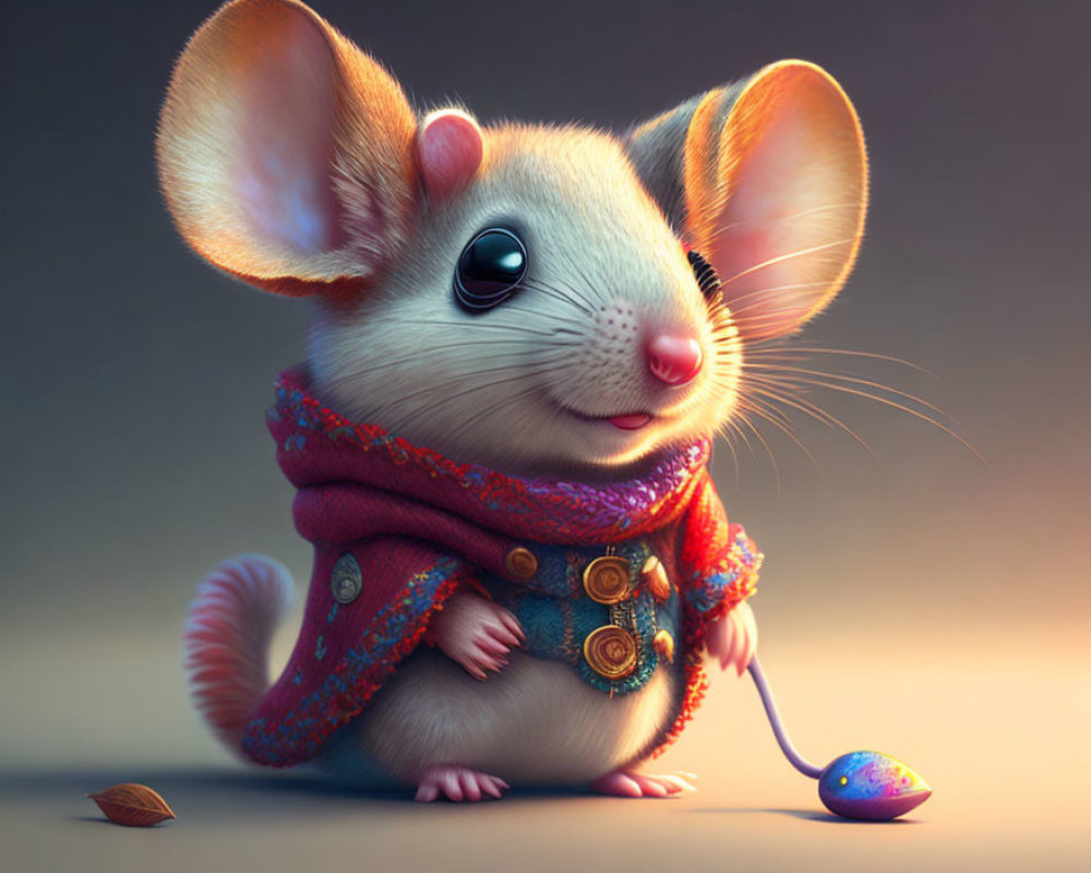 Cartoon mouse with large eyes holding colorful egg-shaped object