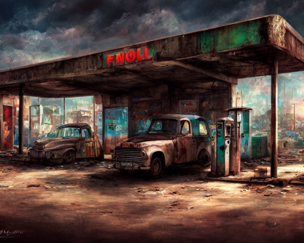 Desolate gas station with FNOLL sign, rusted cars, post-apocalyptic vibe